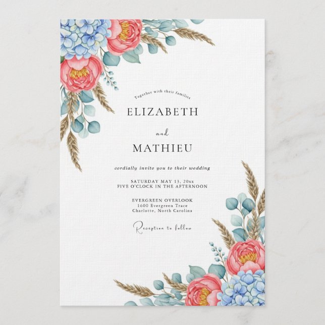 Invitación Coral Blue Botanical Flourish Wedding (Anverso)