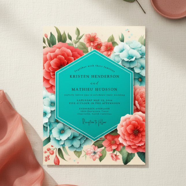 Invitación Coral Blue Floral Romance Wedding (Subido por el creador)