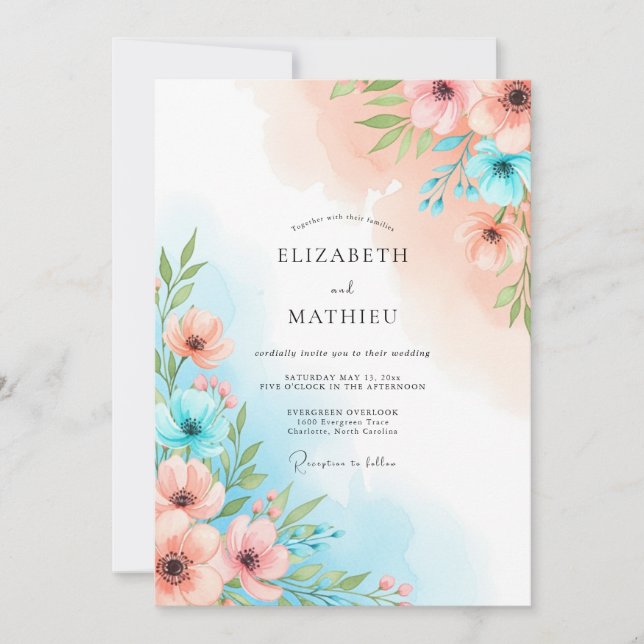 Invitación Coral Blue Floral Whimsy Wedding (Anverso)