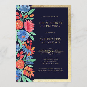 Invitación Coral Blue Gold Floral Watercolor Bridal Shower