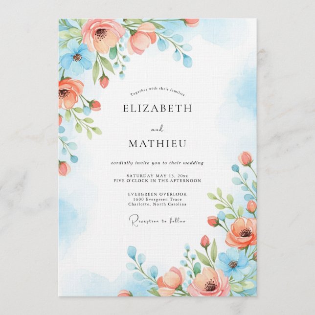Invitación Coral Blue Painterly Bloom Wedding (Anverso)