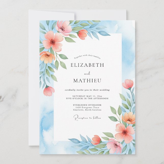 Invitación Coral Blue Painterly Botanical Wedding (Anverso)