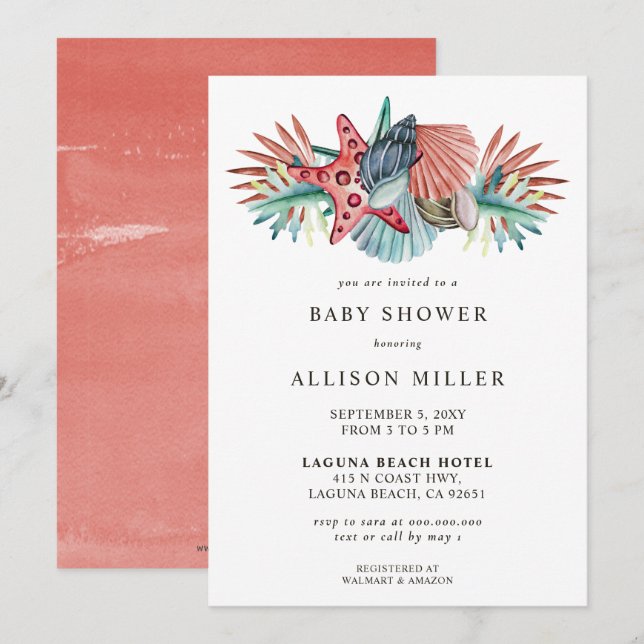 Invitación Coral Blue Starfish Seashells Beach Baby Shower (Anverso / Reverso)