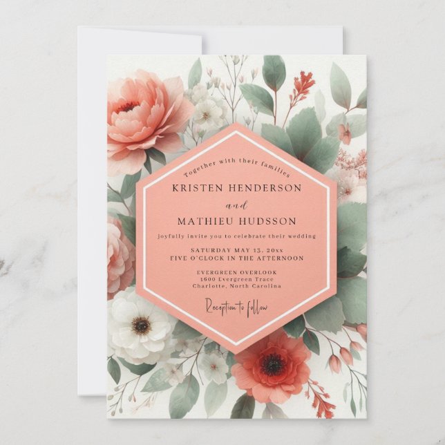 Invitación Coral Botanical Elegance Wedding (Anverso)