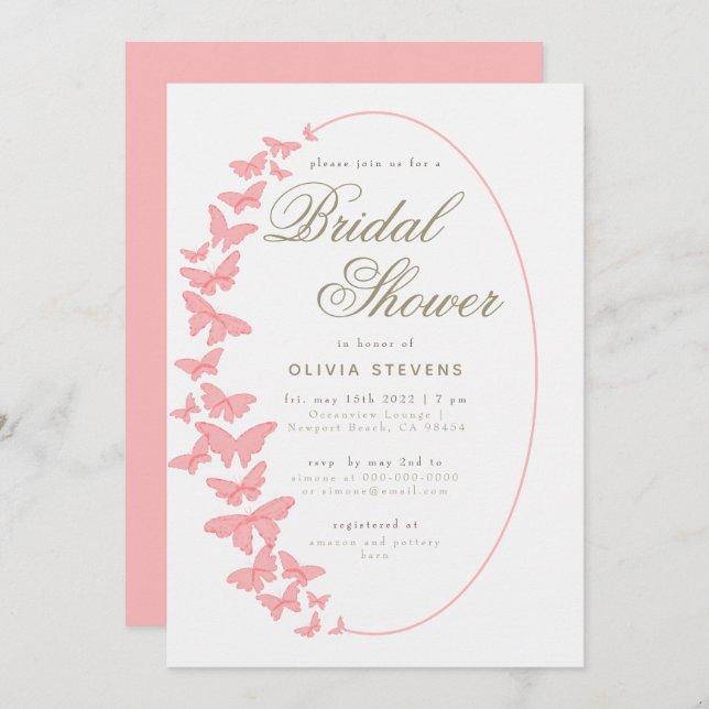 Invitación Coral Butterflies Boho Frame Elegant Bridal Shower (Anverso / Reverso)
