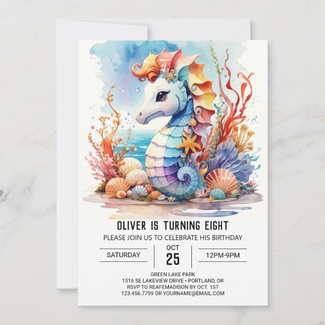 Invitación Coral Charm Nautical Seahorse Cumpleaños (Anverso)