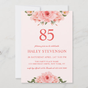 Invitación Coral Chic Floral Femenino Acuarela Cumpleaños 85