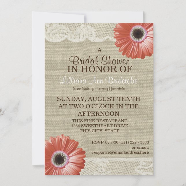 Invitación Coral Daisy y Lace Bridal Shower (Anverso)