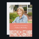 Invitación Coral Damask Photo 70th Birthday Party Invitacione<br><div class="desc">Fotografía personalizado 70th Birthday party invitaciones en elegante naranja de melocotón,  color crema y blanco clásico de adamascado floral. Añade tu nombre,  foto y detalles del fiesta para una invitación única y elegante a la fiesta de cumpleaños.</div>