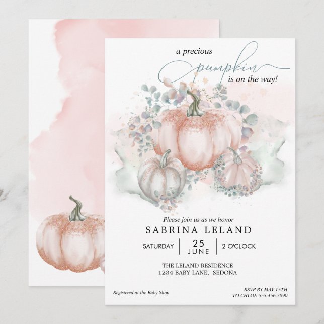 Invitación Coral de agua Pequeña Calabaza Baby Shower (Anverso / Reverso)