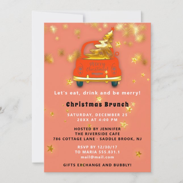 Invitación Coral de cena de brunch navideño dorado rojo (Anverso)