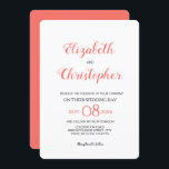 Invitación Coral de color Boda moderno<br><div class="desc">Esta moderna y moda invitación a la boda utiliza el color coral de moda. Los nombres en el tipo de letra manuscrito del guión son prominentes y distintivos. Personalice los detalles con su información. El coral de color de acento se puede cambiar usando la herramienta adicional del personalizar. si necesitas...</div>
