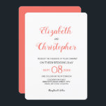Invitación Coral de color Boda moderno<br><div class="desc">Esta moderna y moda invitación a la boda utiliza el color coral de moda. Los nombres en el tipo de letra manuscrito del guión son prominentes y distintivos. Personalice los detalles con su información. El coral de color de acento se puede cambiar usando la herramienta adicional del personalizar. si necesitas...</div>