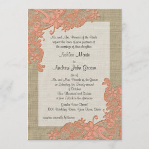 Invitación Coral de diseño de encaje de campo vintage