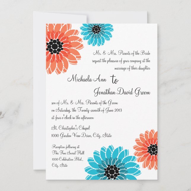 Invitación Coral de jardín artístico y Boda azul (Anverso)