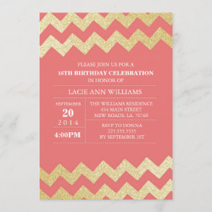 Invitación Coral de la fiesta de cumpleaños de Chevron del