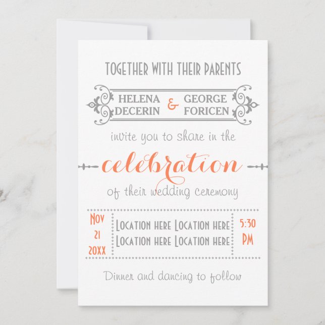Invitación Coral de tipografía moderna, boda gris (Anverso)