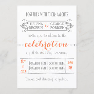 Invitación Coral de tipografía moderna, boda gris