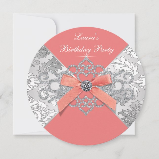 Invitación Coral Diamonds Coral Fiesta de Cumpleaños (Anverso)