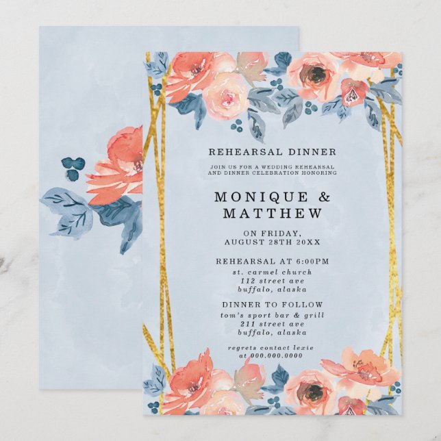 Invitación Coral Dusty Blue Gold Peony Ensayo Cena (Anverso / Reverso)
