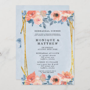 Invitación Coral Dusty Blue Gold Peony Ensayo Cena