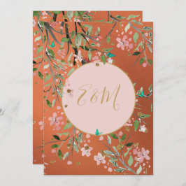 Invitación Coral Elegant Pink Floral Gold Chinoiserie