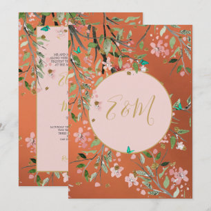 Invitación Coral Elegant Pink Floral Gold Chinoiserie