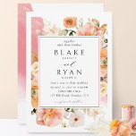 Invitación Coral elegante, Boda botánico rosado y rosa<br><div class="desc">Deléitese con esta elegante invitación a la boda, llena de elegancia y gracia, con exquisitas manchas de color coral y marcos florales botánicos mostrando los detalles de su boda. Floral en una hermosa mezcla de melocotón, naranja, coral verdoso, polvoriento, crema y champán. Opción de cambiar "junto con sus padres" por...</div>