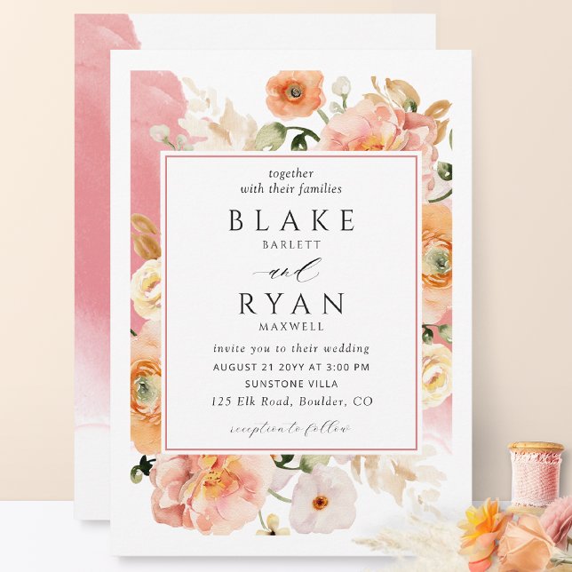Invitación Coral elegante, Boda botánico rosado y rosa (Subido por el creador)