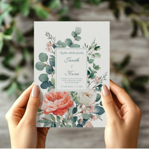 Invitación Coral Elegante de Peonía Eucalipto Acuarela