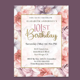 Invitación Coral Elegante y Peonía Lavanda Cumpleaños 101