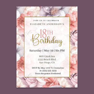 Invitación Coral Elegante y Peonía Lavanda Cumpleaños 18