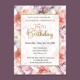Invitación Coral Elegante y Peonía Lavanda Cumpleaños 25