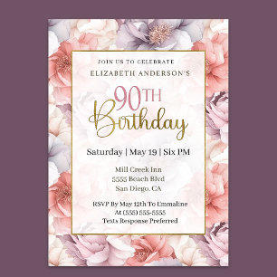 Invitación Coral Elegante y Peonía Lavanda Cumpleaños 90