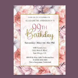 Invitación Coral Elegante y Peonía Lavanda Cumpleaños 99