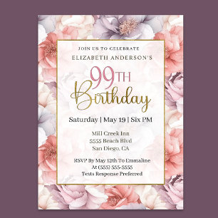 Invitación Coral Elegante y Peonía Lavanda Cumpleaños 99