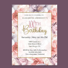 Invitación Coral Elegante y Peonía Lavanda Cumpleaños número 