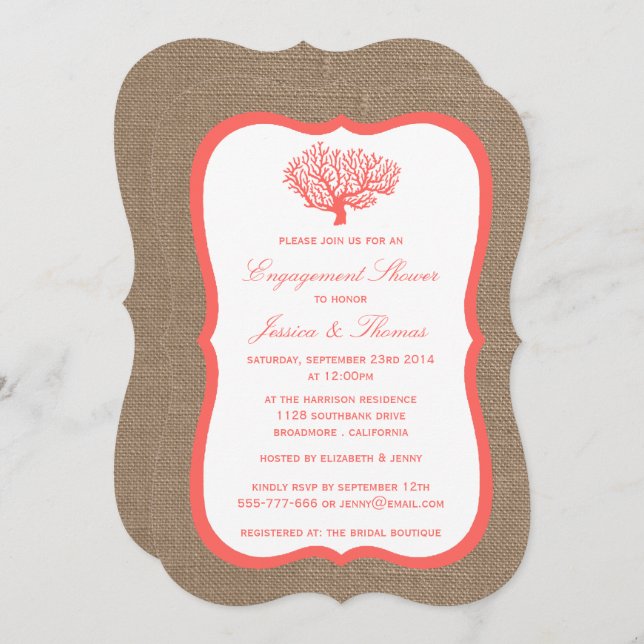 Invitación Coral En Burlap Boho Beach Engower (Anverso / Reverso)
