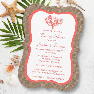 Invitación Coral En Burlap Boho Beach Wedding Shower