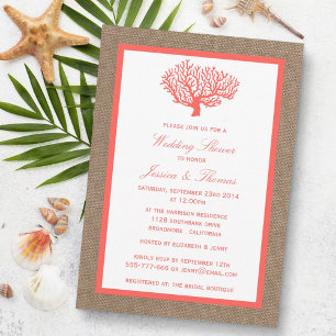 Invitación Coral En Burlap Boho Beach Wedding Shower