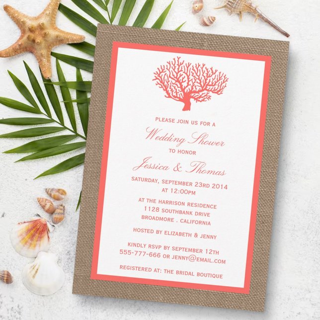 Invitación Coral En Burlap Boho Beach Wedding Shower (Subido por el creador)