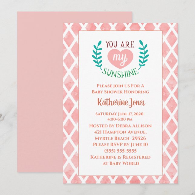Invitación Coral, eres mi Baby Shower Sunshine (Anverso / Reverso)