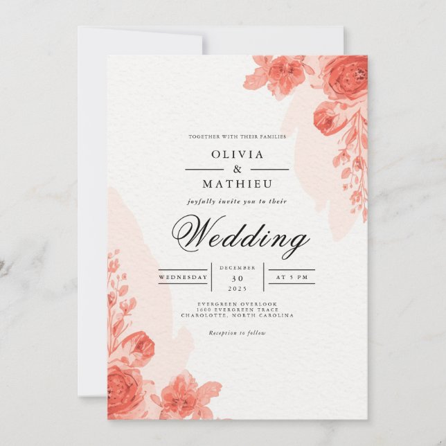 Invitación Coral Floral Arch Romance Wedding (Anverso)