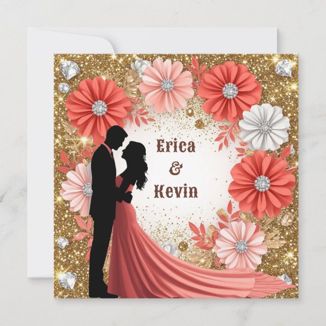 Invitación 💍 Coral Floral Aro de Compromiso Pareja 💍 (Anverso)