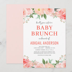 Invitación  Coral Floral Bebé Brunch Color de agua