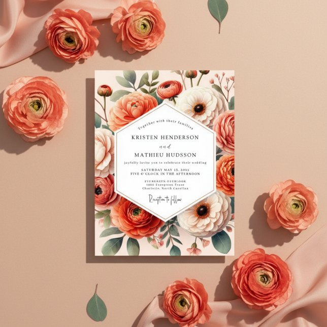 Invitación Coral Floral Bloom Romance Wedding (Subido por el creador)
