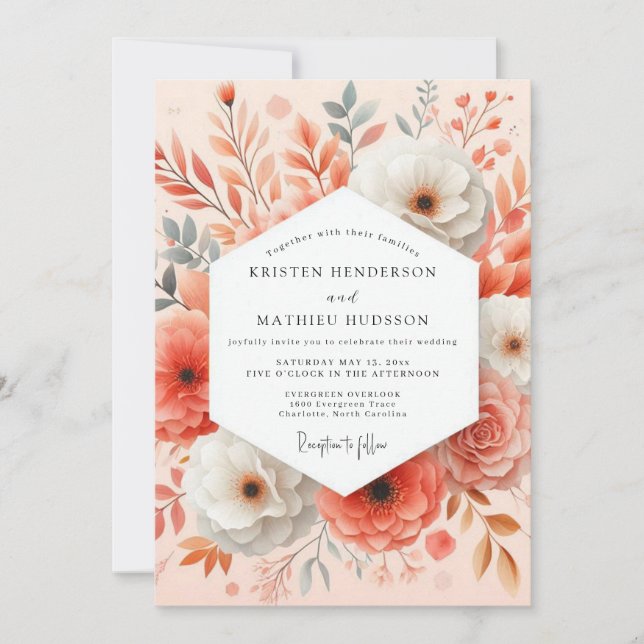 Invitación Coral Floral Bloom Romantic Wedding (Anverso)