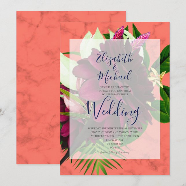 Invitación Coral Floral Borgoña elegante Boda moderno (Anverso / Reverso)
