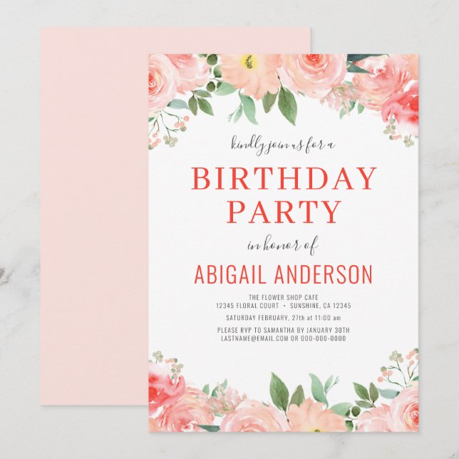 Invitación Coral Floral Cumpleaños Cualquier Edad Moderna (Anverso / Reverso)