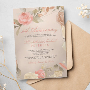 Invitación Coral Floral de Bodas Aniversario Lujo Oro Melocot